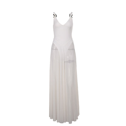 Women Elegant Mesh V-Neck Sleeveless Dress Polyester Slim Fit