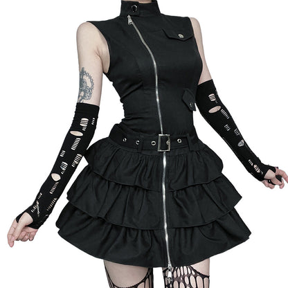 Robe gothique sans manches zippée de couleur unie pour femme