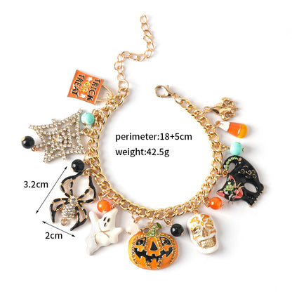 Pulsera de Halloween con colgante de calavera de calabaza, fantasma y araña de diamante