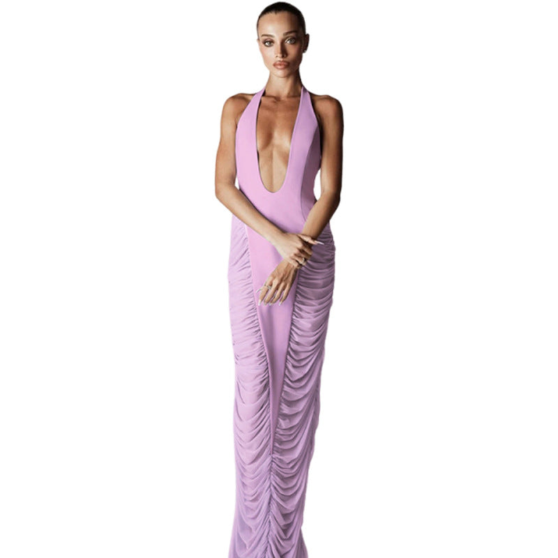 Vestido maxi ajustado de malla con escote en V profundo y color sólido sexy para mujer