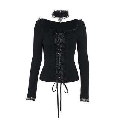 Women Fashion Gothic Lace Splicing Long-Sleeve T-Shirt