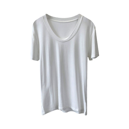 Camiseta informal de verano para mujer, color liso, con cuello en U y mangas abullonadas