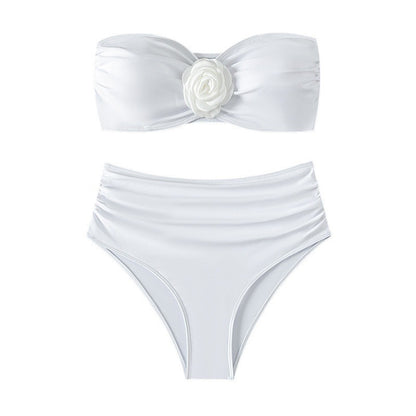 Women Fashion Sexy Solid Color Flower Tube Top Bikini Swimsuit