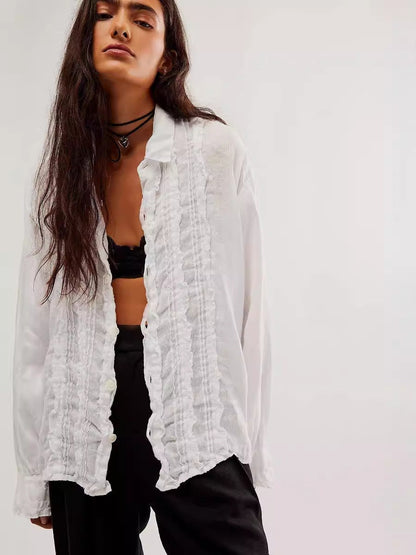 Camisa de lino y algodón con encaje de color liso a la moda para mujer
