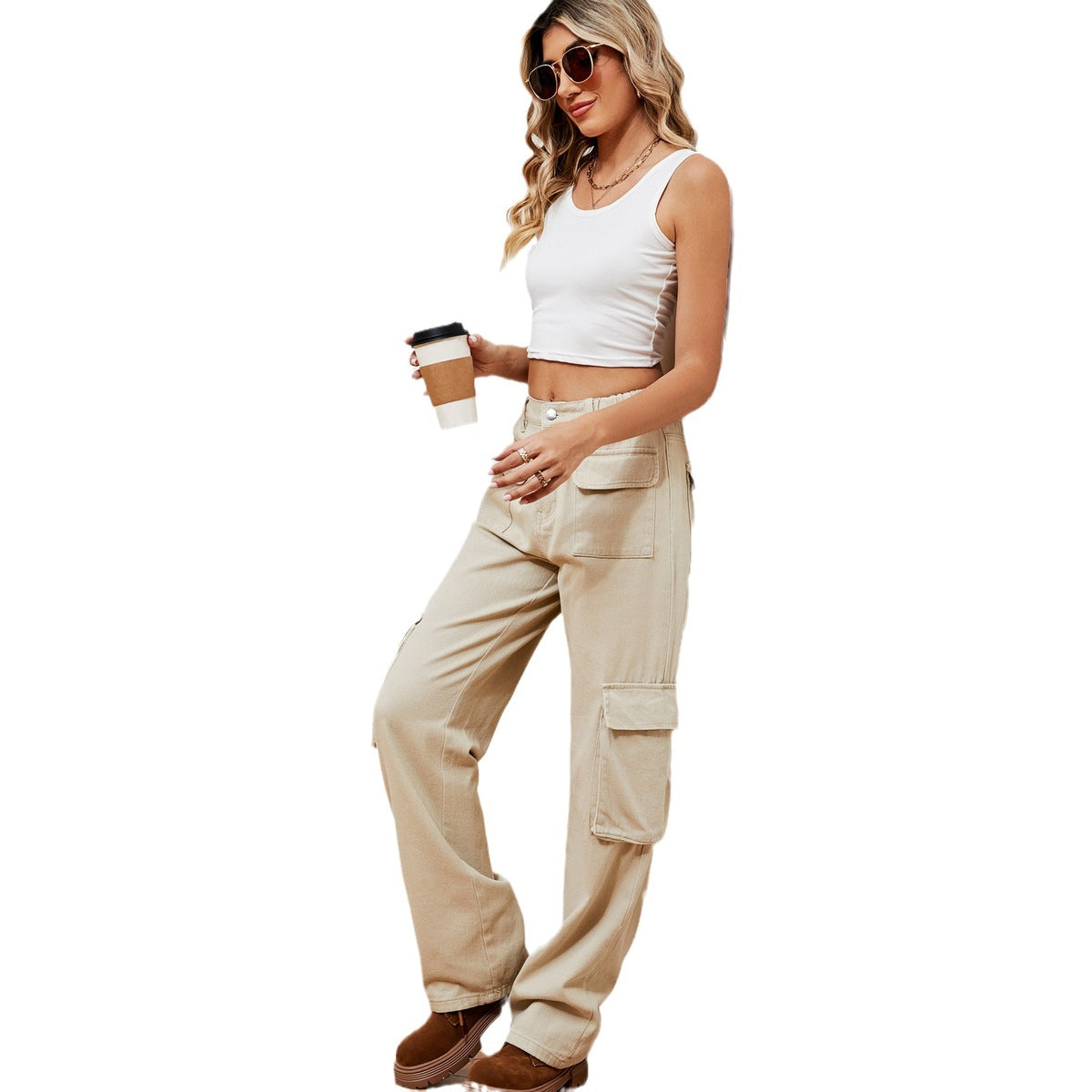 Vaqueros cargo vintage con cintura elástica y múltiples bolsillos para mujer