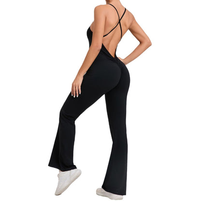Adjustable Shoulder Strap Flared Yoga Jumpsuits for Women Cotton Blend