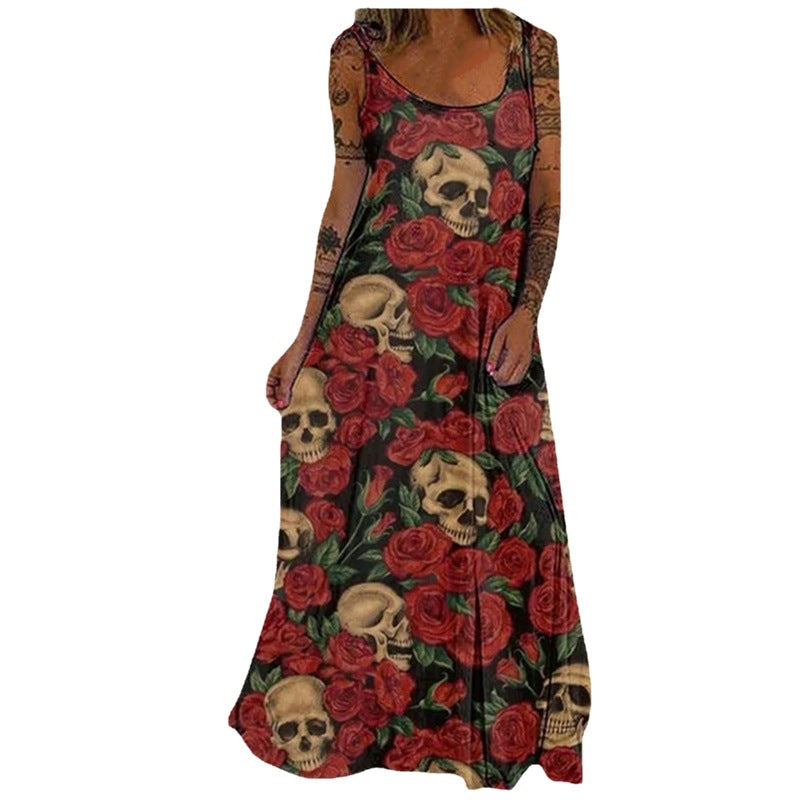 Vestido largo holgado con estampado de calavera de Halloween para mujer, estilo bohemio informal