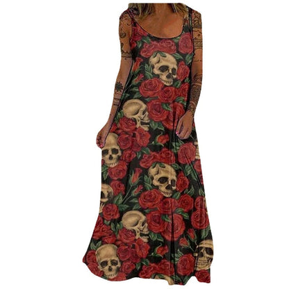 Vestido largo holgado con estampado de calavera de Halloween para mujer, estilo bohemio informal