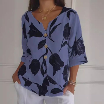 Casual Floral Printed Cotton Linen Women Blouse