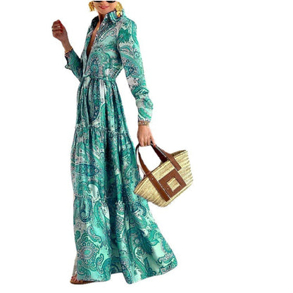 Vestido bohemio de cachemira de manga larga para mujer en azul, verde y rojo