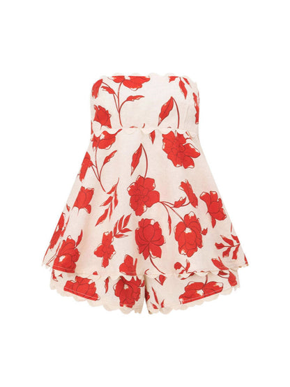 Women Fashion Casual Linen Floral Tube Top Set