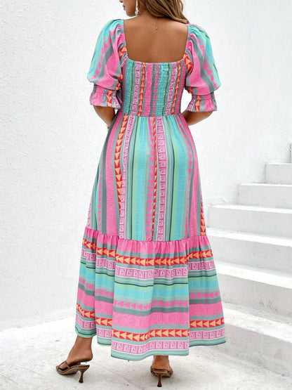 Robe décontractée imprimée à manches courtes et col carré pour femme