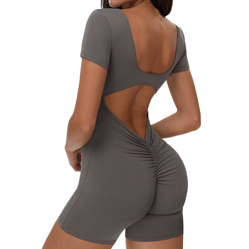 Women Solid Color V-Neck Short-Sleeve Backless Yoga Romper