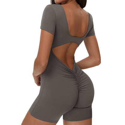 Women Solid Color V-Neck Short-Sleeve Backless Yoga Romper