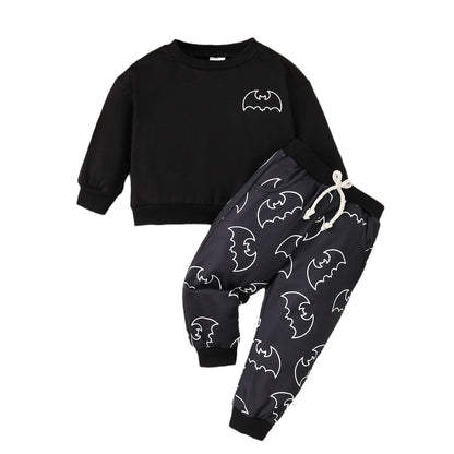Conjunto de mezcla de algodón con estampado de murciélago de Halloween para niños pequeños