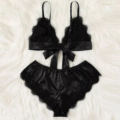 Sexy See-Through Elastic Pajamas Lace Satin Sleepwear Set