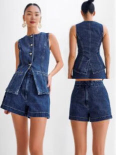 Women Fashion Casual Sleeveless Vest And Denim Shorts Two-Piece Set