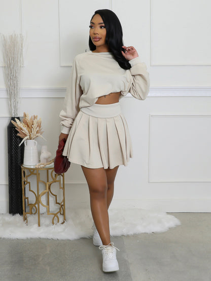 Women Casual Solid Color Long-Sleeve Sweatshirt Skirt Set