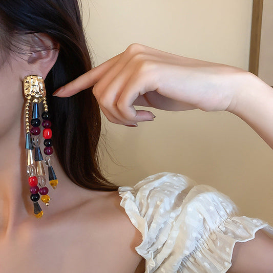 Pendientes bohemios con borlas de diamantes de imitación multicolor
