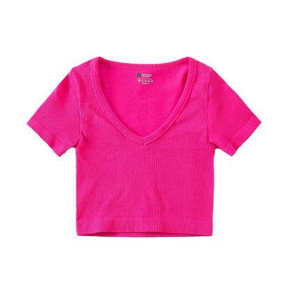 Camiseta de yoga informal de color liso con cuello en V para mujer