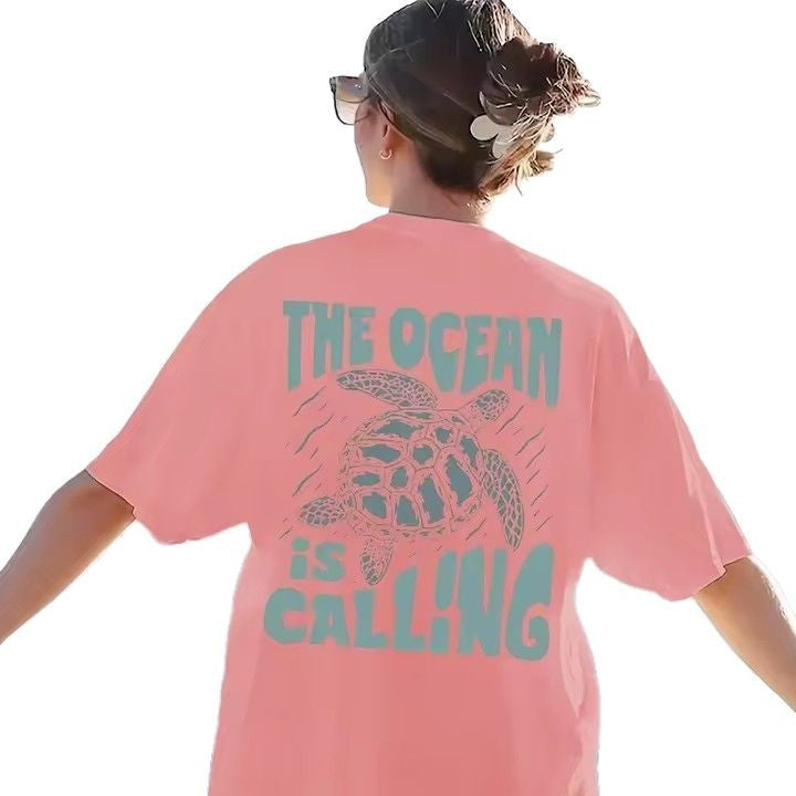 Camiseta informal de algodón con estampado de letras y tortugas para mujer