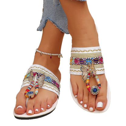 Chanclas de diamantes estilo bohemio de talla grande, zapatos planos étnicos