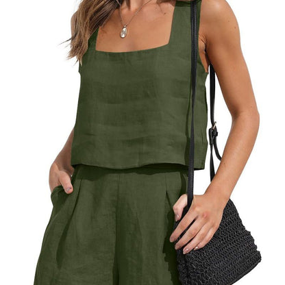 Conjunto de camiseta sin mangas y pantalones cortos de lino liso informal de verano para mujer