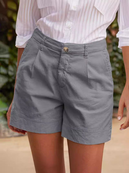 Pantalones cortos casuales de algodón y lino de color liso para mujer
