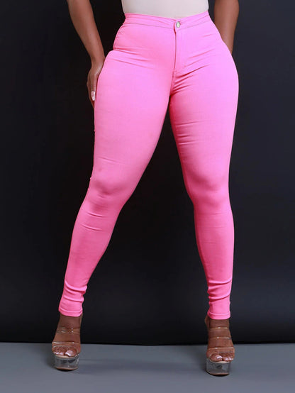 Women Fashion Solid Color Mid-Waist Tight Jeans