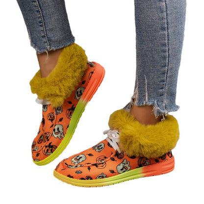 Women Halloween Ghost Pumpkin Print Short Plush Snow Boots