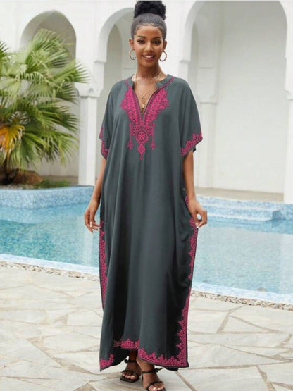Vestido playero bohemio informal con cuello en V bordado para mujer