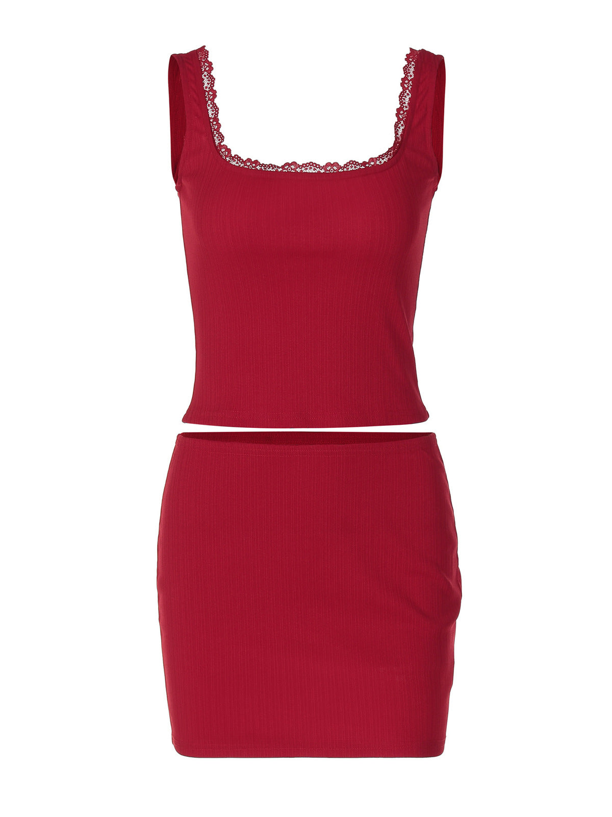 Conjunto de falda y cuello cuadrado con tirantes de encaje sexy para mujer