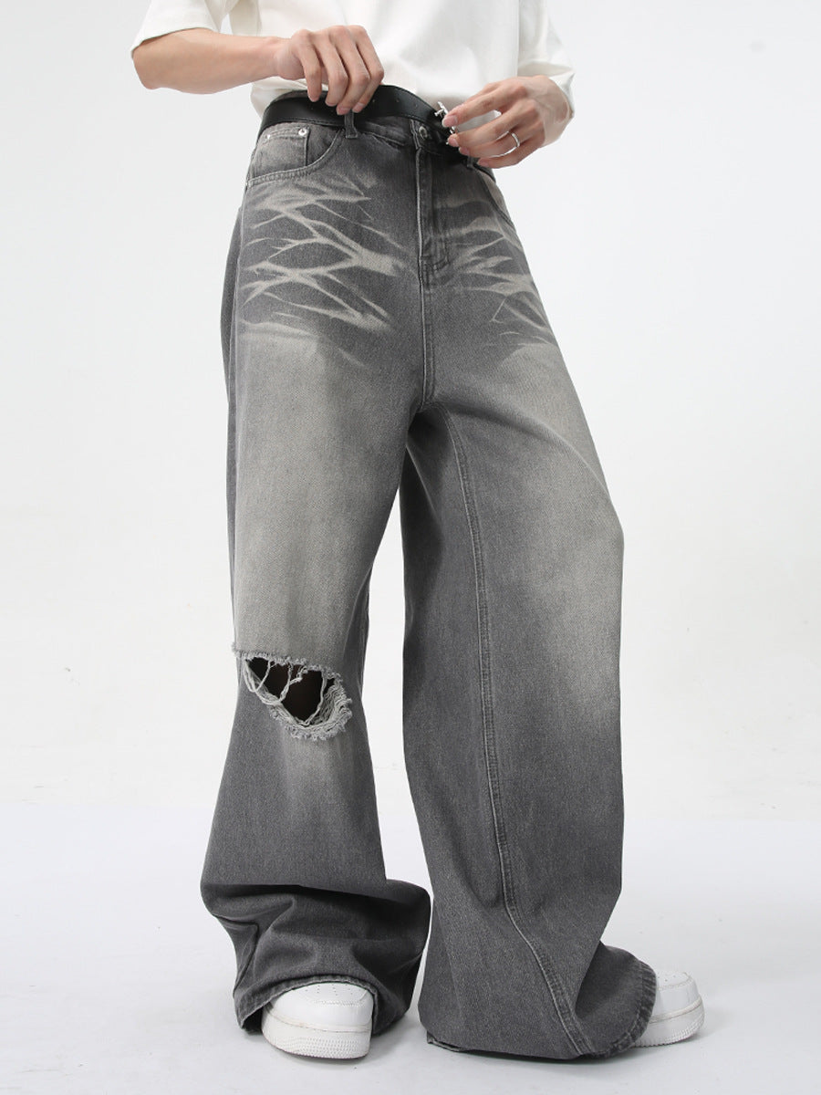 Men Vintage Washed Ripped Straight Leg Jeans