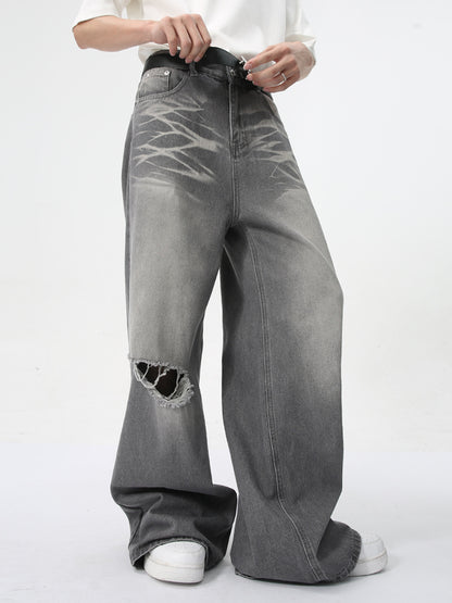 Men Vintage Washed Ripped Straight Leg Jeans