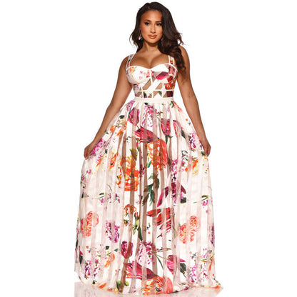 Robe longue d'été bohème élégante sans manches en maille florale pour femme