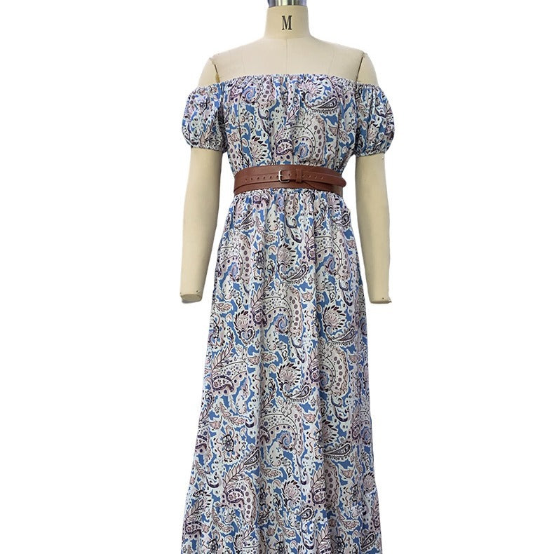 Women Fashion Casual Boho One Shoulder Belt Short Sleeve Dress