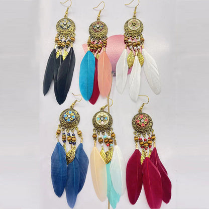 Bohemian Flower Beads Feather Earrings for Women