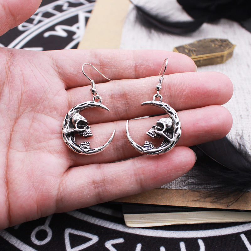 Gothic Skull Moon Earrings in Alloy with Punk Style Design