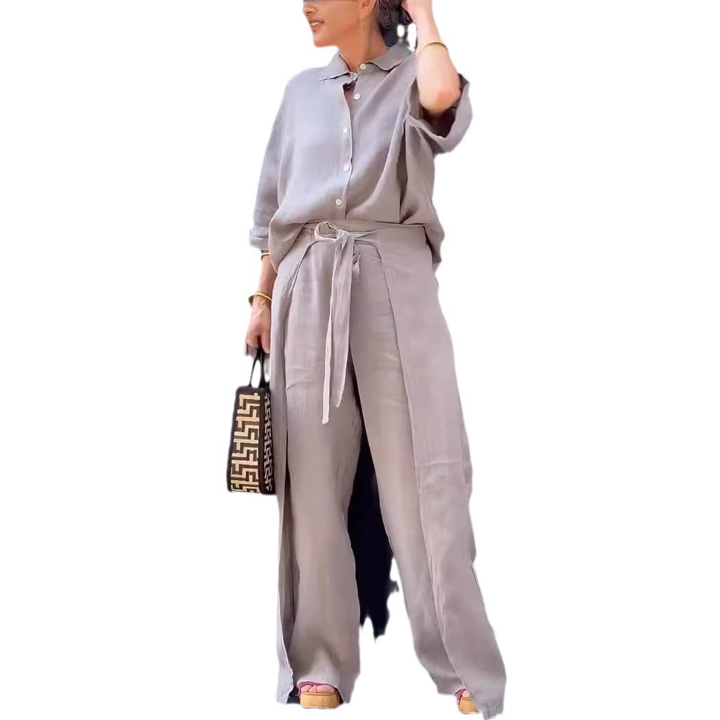 Women Fashion Casual Cotton Linen Laple Top Pants Set