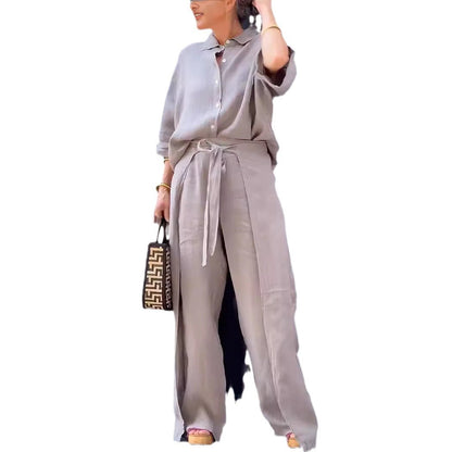 Women Fashion Casual Cotton Linen Laple Top Pants Set