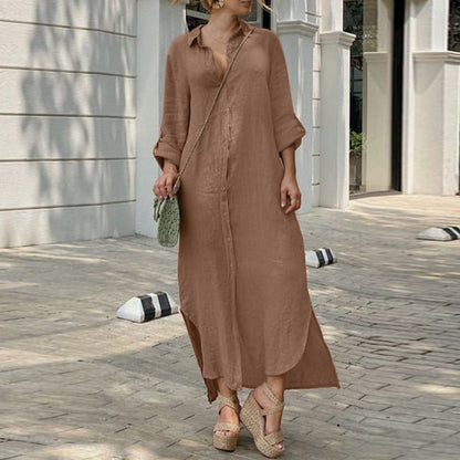 Vestido camisero largo informal de algodón y lino con solapa para mujer