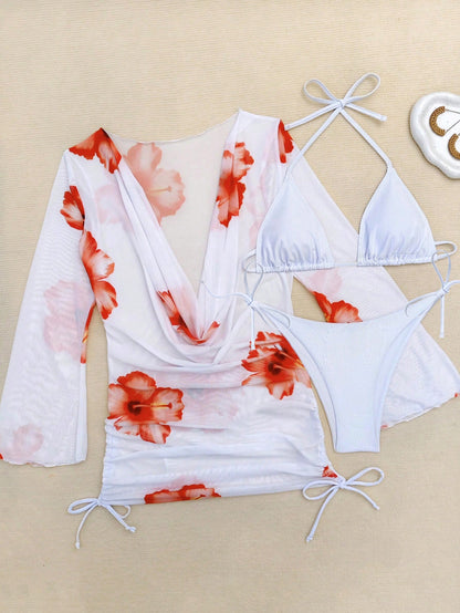 Women Fashion Sexy Floral Printed Bikini Cover-Up Set