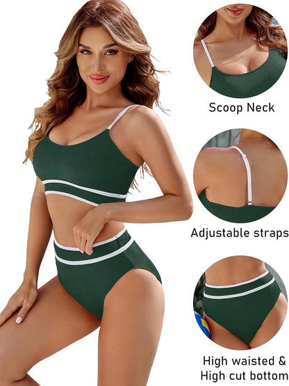 Women Fashion Sexy Contrast Color Stripe Bikini Swimsuit