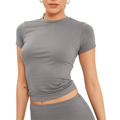 Summer Women Casual Solid Color Round Neck Short Sleeve Blank T-Shirt