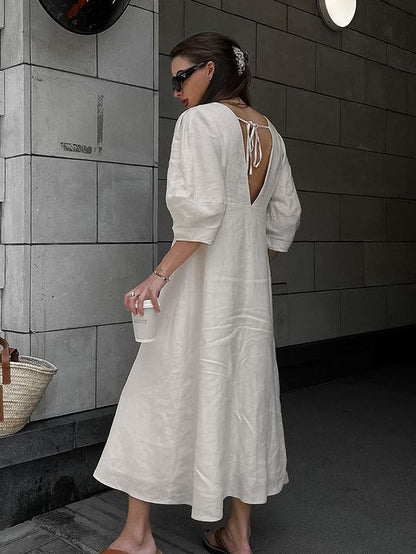 Elegante vestido de lino y algodón con escote en V en color liso