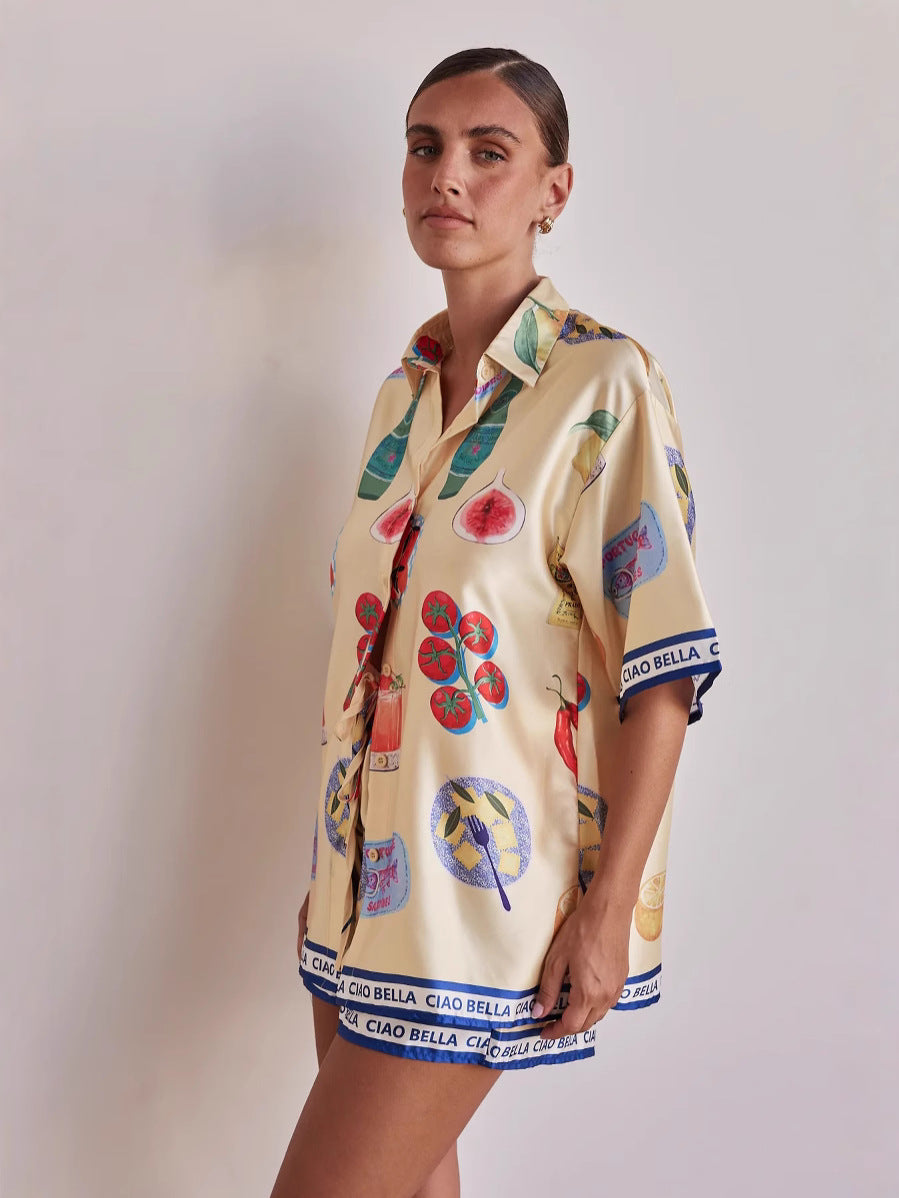 Women Fashion Casual Printed Lapel Blouse Set