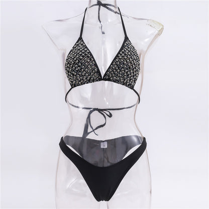 Traje de baño bikini sexy con cuello halter y perlas de diamantes de imitación a la moda para mujer