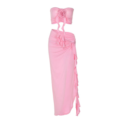 Ensemble haut tube plissé et jupe fendue à lacets pour femme, couleur unie