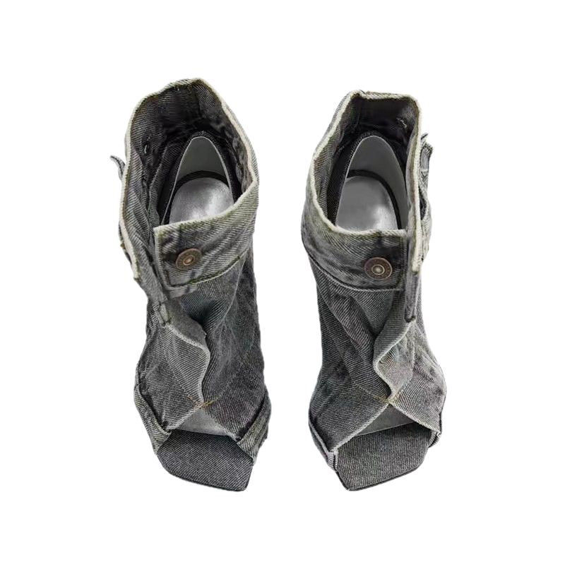 Zapatos casuales de mezclilla con punta cuadrada y tacón grueso para mujer