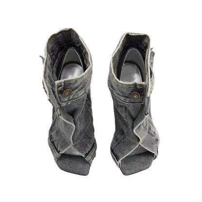 Zapatos casuales de mezclilla con punta cuadrada y tacón grueso para mujer